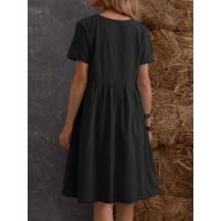 Vestido retro de algodón y lino con cuello redondo y bolsillos sueltos de color sólido para mujer - details 4