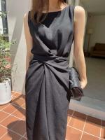 Vestido Vintage de moda versión coreana para mujer, Túnica de verano para oficina madura, sin mangas, Color sólido, temperamento, Vestido suave - details 20