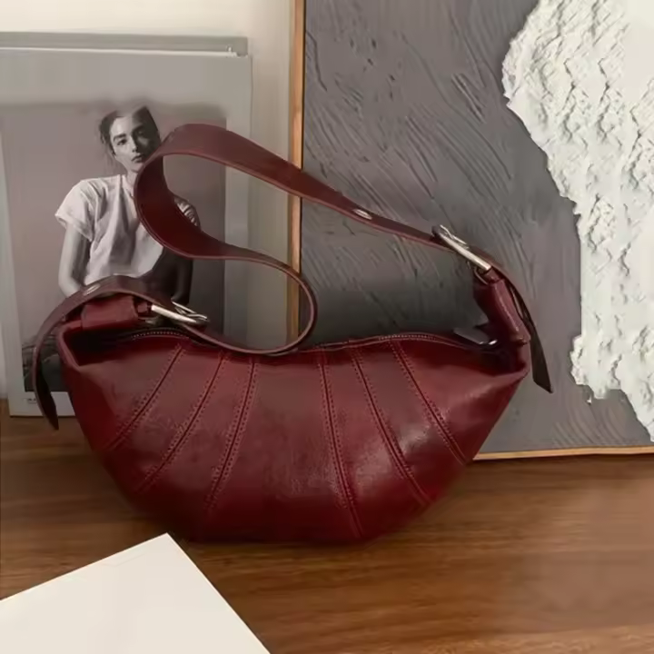 Bolso cruzado de media luna de color sólido vintage con hombro para mujer croissant de Burdeos, bolso de diseñador de lujo, nuevo - 1
