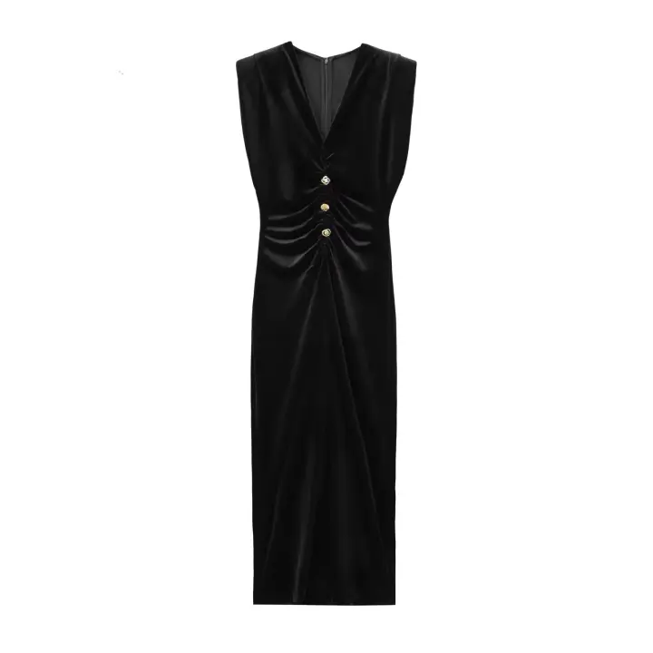 TRAFZA-Vestidos largos con cuello en V para mujer, vestido negro sin mangas, decoración de botonadura única, cremallera, terciopelo Delgado, Verano - 1