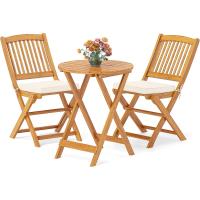 Muebles de Exterior de Madera de Acacia Conjunto de Mesa y Sillas Plegables con Cojines Acolchados Removibles Ideal para Patio Jardín Veranda Balcón (Beige) - details 0