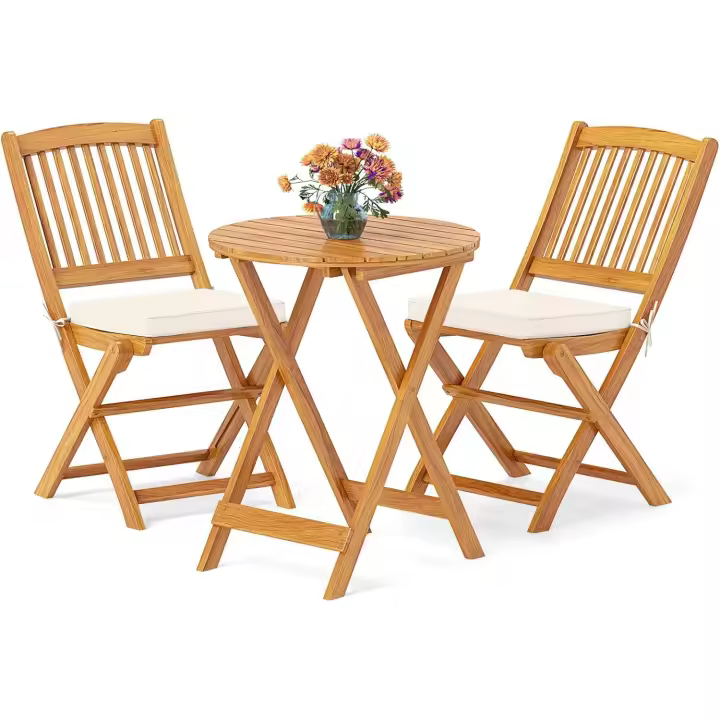 Muebles de Exterior de Madera de Acacia Conjunto de Mesa y Sillas Plegables con Cojines Acolchados Removibles Ideal para Patio Jardín Veranda Balcón (Beige) - 1