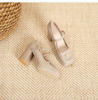 Zapatos de punta cuadrada con tacón grueso y tacón alto plano con hebilla de flor pequeña - details 32