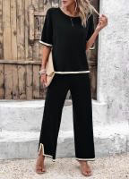 Conjuntos de punto de verano para mujer, trajes de 2 piezas, Tops de manga corta con pantalones, Negro S - details 5