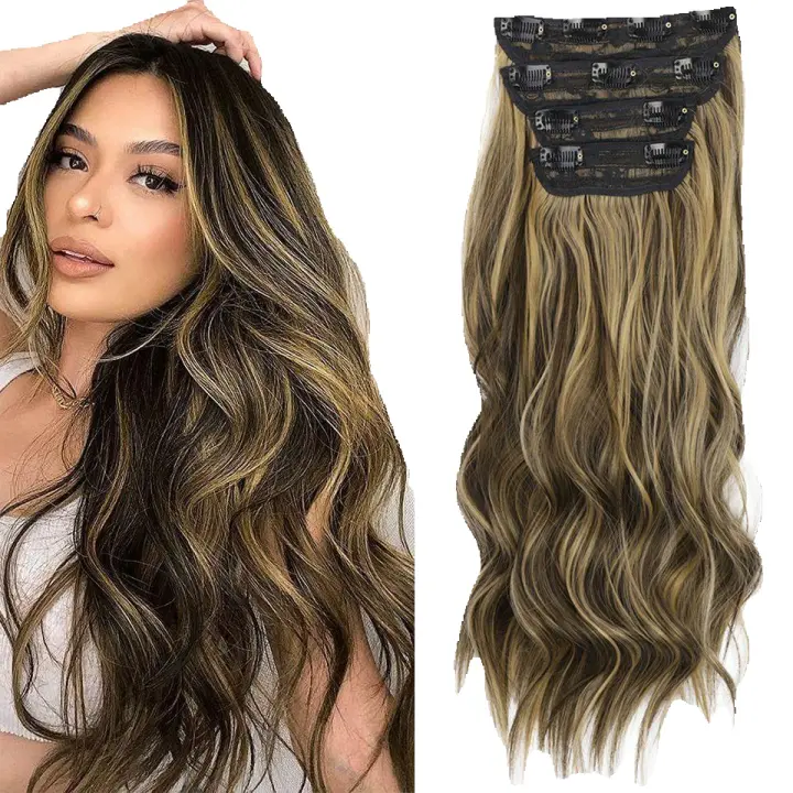 Extensiones de cabello con clip Extensiones de cabello marrón claro mezcla negra y oscura Clip ins 4PCS Extensiones de cabello ondulado sintético grueso para mujeres extensiones de cabello con clip - 1