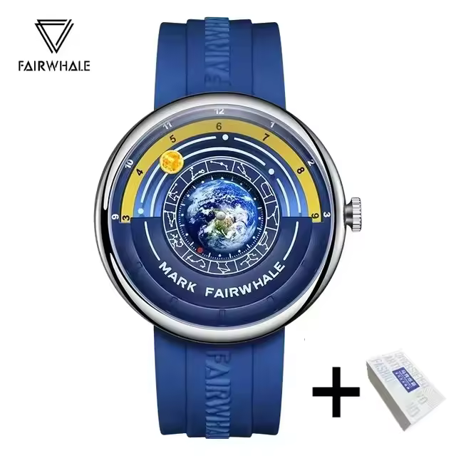 Reloj Astronómico MARK FAIRWHALE Dial de Tierra 3D, Diseño de Orbita Solar, Manos Luminosas, Correa de Silicona Azul, Lujo Casual - 1