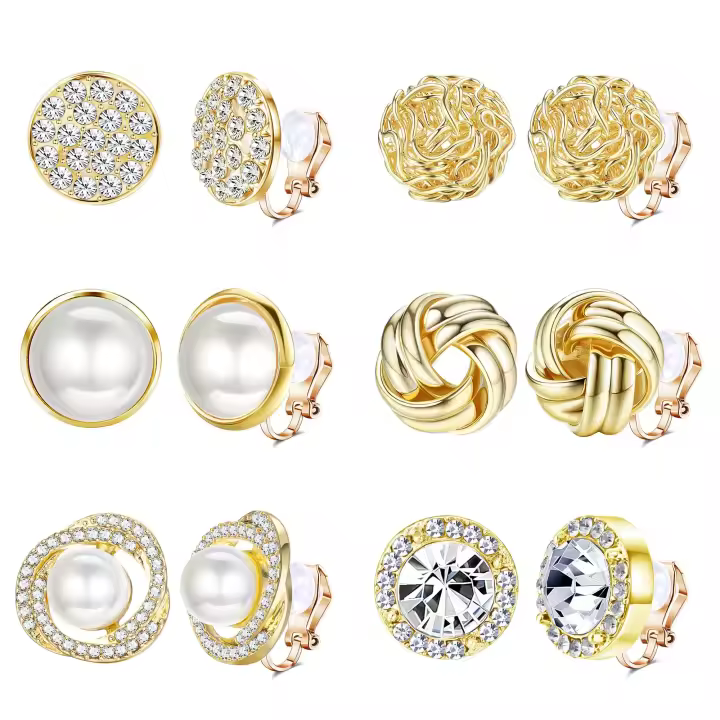 6 Pares Clip On Pendientes Cubic Zirconia Nudo de Perla Twist Clip On Pendientes sin perforar para las mujeres niñas Clip Pendientes Set - 1