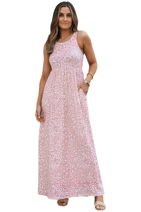 Elrachen Vestido largo sin mangas para mujer con bolsillos, estampado de leopardo rosa, tallas XS-2XL - 1
