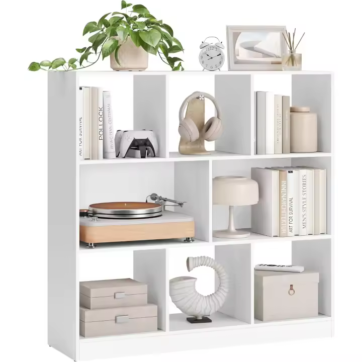 Estante de Libros de 8 Compartimentos Horizontal, Uso Lateral o Vertical, 30 x 97,5 x 100 cm, para Sala de Estar, Oficina, Blanco - 1