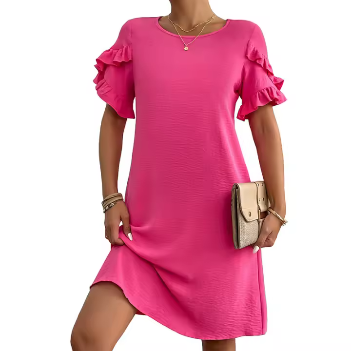 Verano para mujer, manga corta, corte A, mini vestido de playa informal con cuello redondo - 1