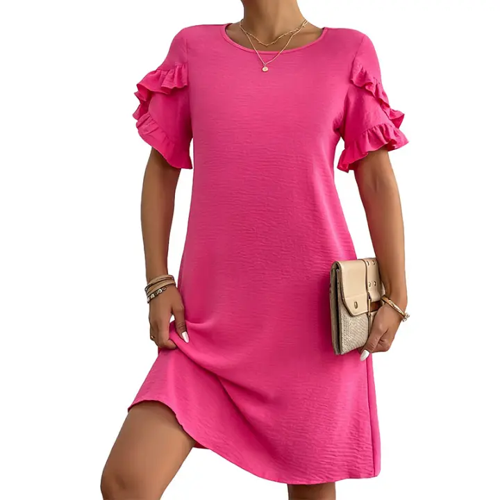 Verano para mujer, manga corta, corte A, mini vestido de playa informal con cuello redondo - 1