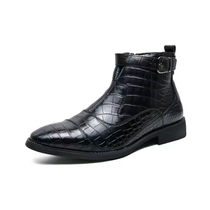 Botas cortas con estampado de cocodrilo de gran tamaño, botas de cuero de color sólido, zapatos de cuero de caña alta negros - 1