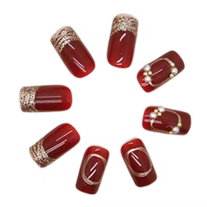 Uñas de Año Nuevo para mujer, uñas postizas cuadradas largas, decoración DIY, puntas francesas, vino tinto - 1