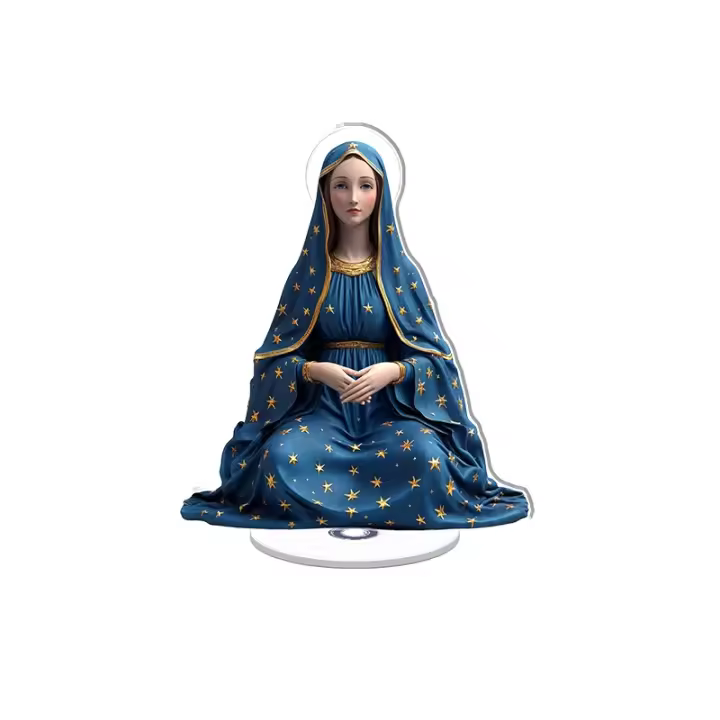 Escultura acrílica giratoria que presenta una representación surrealista de cuerpo completo de la Virgen María en colores vibrantes y detalles intrincados. - 1