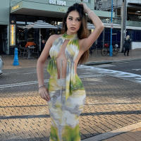 BUNO-Conjunto de 2 piezas con estampado sexy para mujer, impresionante camiseta hipster con cuello halter y escote elegante, faldas largas de cintura alta, traje de medianoche para mujer - details 11