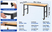 SucceBuy Banco de trabajo de altura ajustable, mesa de garaje con tomas de corriente, tapa de madera dura, estructura de metal, ruedas giratorias - details 4