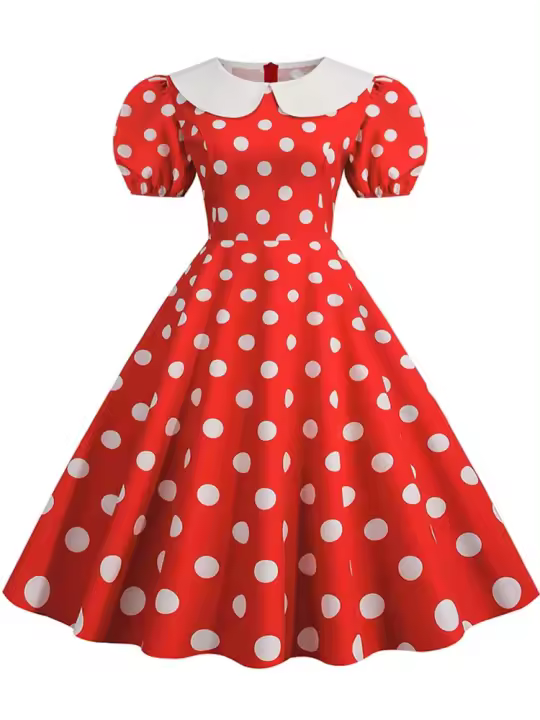 Vestido de fiesta midi elegante de corte a con cuello peter pan de verano vintage de lunares de manga corta abombada - 1