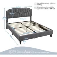 Marco de cama de 140 x 200 cm con cabecero tapizado ajustable en altura, soporte de láminas de madera y patas metálicas gris oscuro - details 1