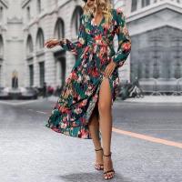 Vestido plisado con manga larga y cuello en V para mujer, estampado verde. - details 2