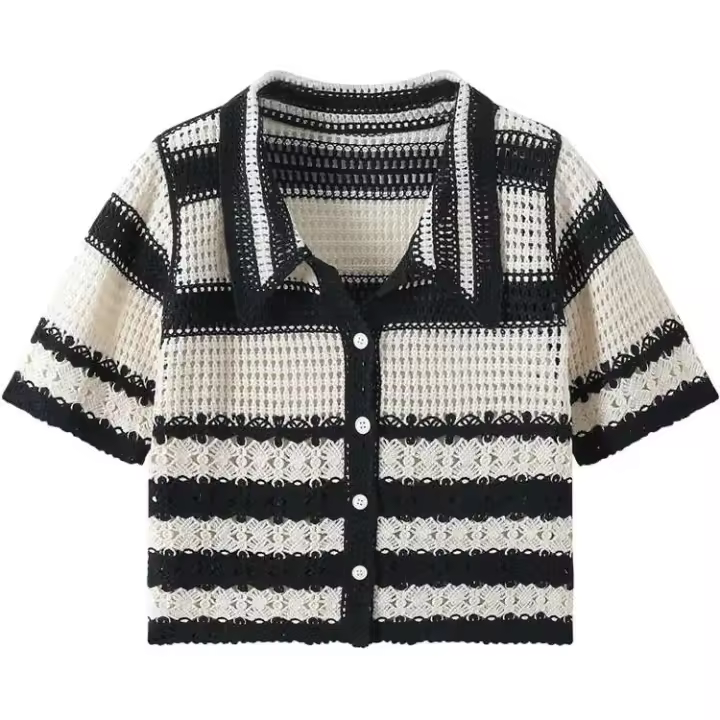 Chaleco de Crochet a Rayas de Moda para Mujer Cuello con Botón, Top Corto de Punto Transparente, Estilo Vintage de Teen Girls Fairycore - 1