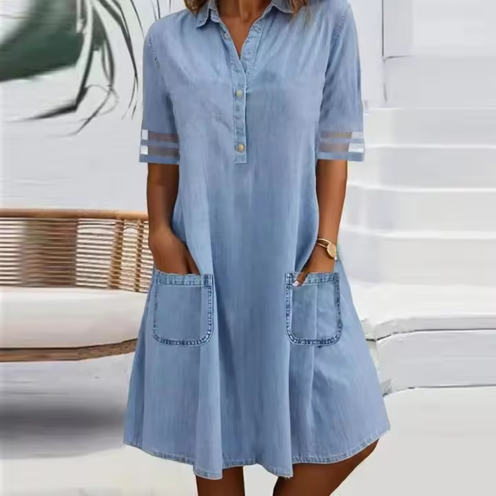 Vestido largo de mezclilla de manga corta con parches de malla de color sólido para mujer 2025 - 1