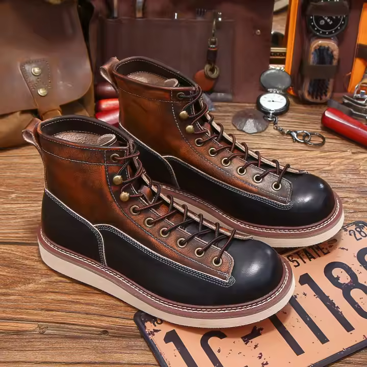 Zapatos de cuero de vaca puro de gama alta de cuero genuino estilo de herramientas zapatos de tablero de caña alta - 1