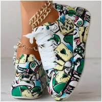 Zapatillas de deporte para mujer, zapatillas de deporte de suela gruesa aumentadas para mujer, nuevos zapatos blancos con grafiti pintados a mano para mujer, zapatos informales para exteriores de talla grande - details 1