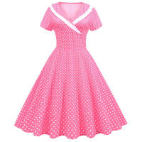 Women summer polka dot party short sleeve sailor collar elegant casual vintage a-line midi dress - details 1