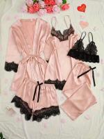 Conjunto de Pijama de Satén para Mujeres Ouwu Lencería Sexy Rosa, Toalla de Baño Floral, Vestido de Noche de Seda, Pantalones Política de Devolución - details 0