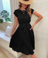 Vestido plisado elegante para mujer, manga corta con cinturilla, verde negruzco S, Verano - details 27