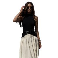 BUNO-Vestido de retazos con contraste de gato extraño para mujer, vestido Halter con espalda descubierta, sin mangas, dobladillo plisado, tendencia de vacaciones, informal, elástico, básico, ceñido largo - details 18