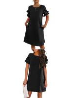 Verano para mujer, manga corta, corte A, mini vestido de playa informal con cuello redondo - details 0