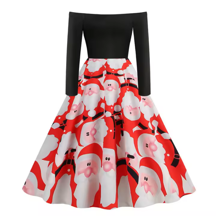Vestido de fiesta con contraste de un hombro estilo estampado navideño - 1