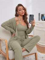 Conjunto de pijama de tres piezas para mujer, artículos para el hogar, top con tirantes de punto de oblea, pantalones largos, t, 2024 - details 6