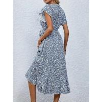 Vestido de talla grande 1XL-5XL con cuello en V y estampado floral para mujer, vestido elegante informal transpirable de verano, vestido largo de playa de estilo sofisticado - details 2