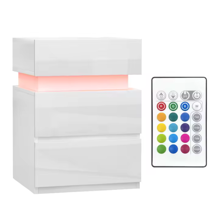 Rcynview Mesita de Noche Moderna  Madera Luz LED Colores Ajustables Acabado Brillante 40x35x55cm - 1