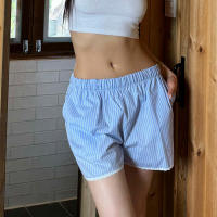 Pantalones cortos básicos cómodos e informales sueltos con botones de cintura elástica tejidos a rayas de verano para mujer - details 88