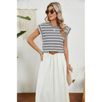 BUNO-2025 Tops para mujer, pantalón corto informal de moda de verano, camisetas básicas con textura a rayas de Color sólido y cuello redondo - details 62