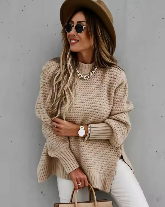 Autumn winter women knitted sweater loose warm elegant solid batwing sleeve side split pullovers - 1