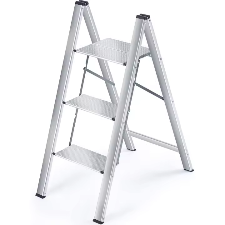 Escalera Plegable 3 Peldaños de Aluminio, Escalera Pequena Plegable Segura de Hogar con Mecanismo Antiplegado, Taburete Escalera Portatil para Cocina Domestica, Peso Máximo 150kg, Plata - 1