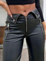 Fashion high-waisted individualistic pants in INS style, PU leather pants with metal zippers and straight legs for nightclubs. - details 5