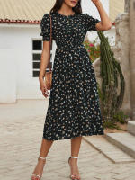 Vestido de mujer, novedad de verano 2025, vestido de longitud media acampanado a la moda con cintura alta y flores redondas para mujer - details 19