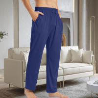 Pantalones De Pijama Para Hombres Color Sólido Tejidos Con Bolsillos Pantalones De Lounge Homewear Bottoms De Poliéster Y Spandex - details 0