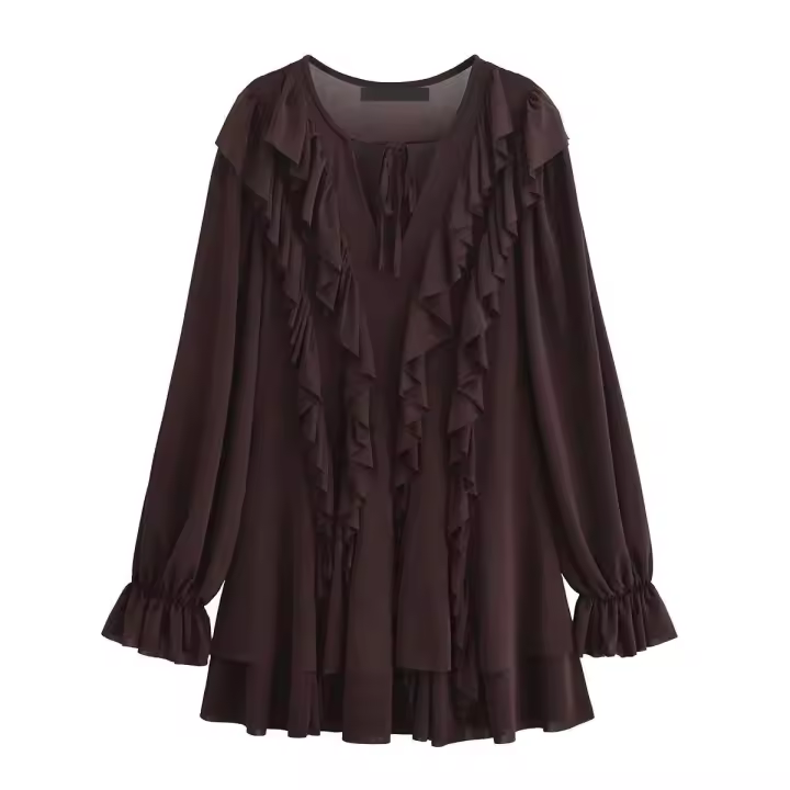 Vestido de verano corto con volantes, cuello redondo, manga larga, línea A, elegante, sólido, con cordones, primavera 2025, para mujer - 1