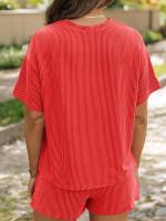 Conjunto de Pantalones Cortos con Bolsillo de Textura Sólida Camiseta de Manga Corta Casual y Shorts de Cintura Elástica para Mujeres - details 10