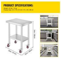 SucceBuy Mesa de trabajo de acero inoxidable 24 x 18 x 34 pulgadas Capacidad de carga de 700 libras 4 ruedas 3 niveles de altura ajustables Mesa de trabajo de preparación de alimentos resistente Cocina comercial Restaurante Plata - details 0
