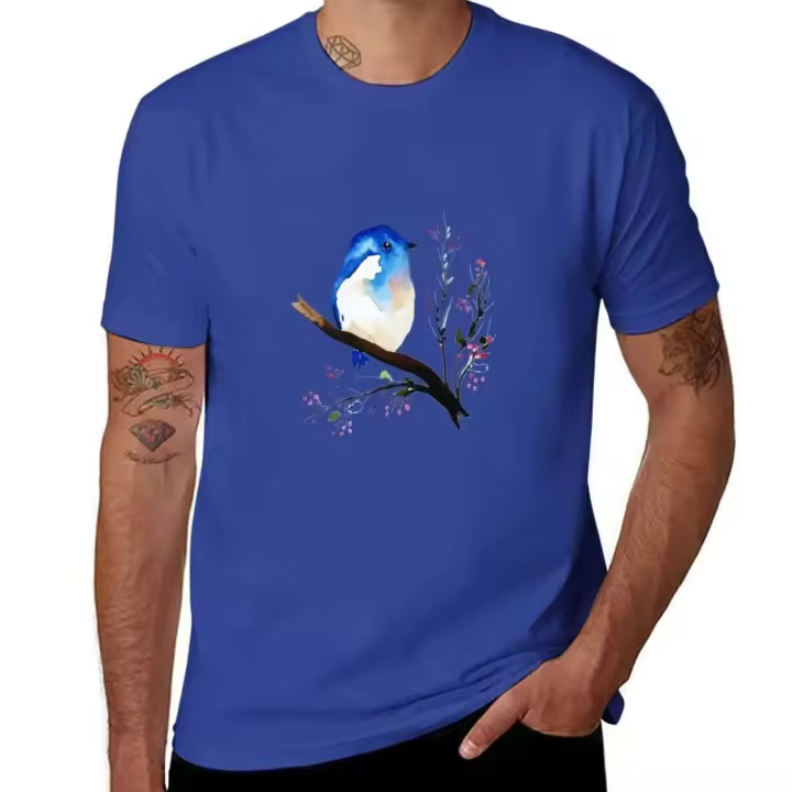 Camiseta de acuarela azul Wren personalizada para niños, camiseta con estampado animal, nueva edición para hombres - 1