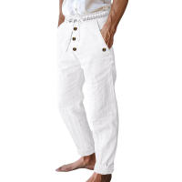Pantalones de pierna recta con botones y cordón sueltos de lino de color sólido informales para hombre de primavera y otoño - details 4