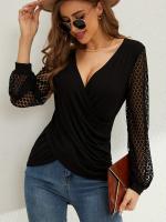 Nueva camiseta de encaje de retazos de estilo francés para mujer, camiseta cruzada suelta de manga linterna - details 3