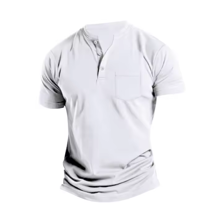 Camiseta ajustada de verano 2025 para hombre, color sólido, con botones, bolsillo, cuello alto y manga corta. - 1